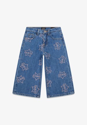 Džínsové culottes s modrým praním, zdobené ružovou výšivkou v tvare hviezd. Klasický štýl s piatimi vreckami a zapínaním na gombík.