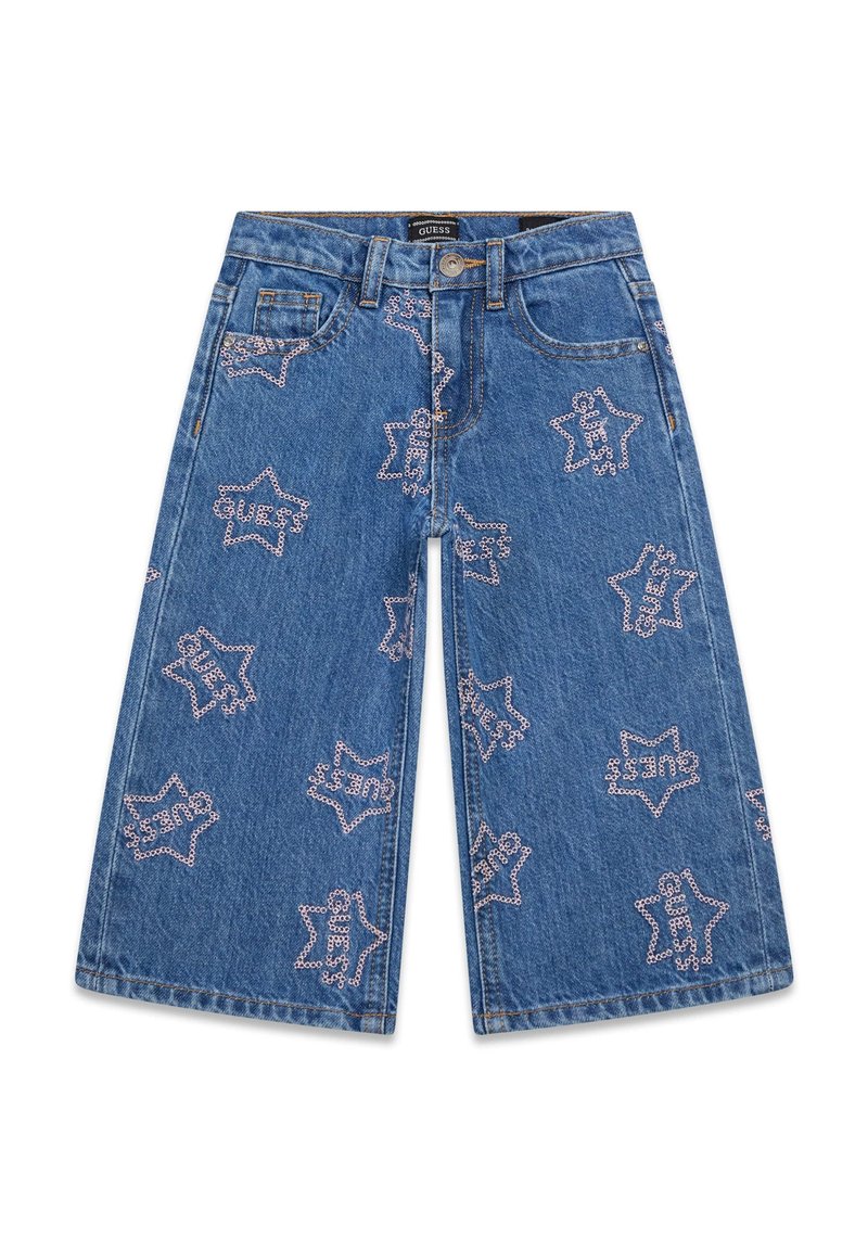 Szorty culottes z denimu w niebieskim odcieniu, ozdobione różowymi haftami w kształcie gwiazd. Klasyczny fason z pięcioma kieszeniami i zapięciem na guzik.