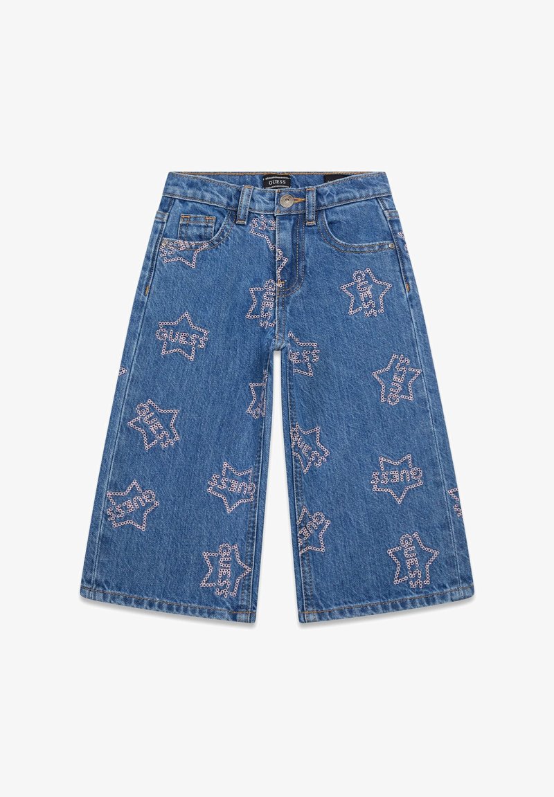 Szorty culottes z denimu w niebieskim odcieniu, ozdobione różowymi haftami w kształcie gwiazd. Klasyczny fason z pięcioma kieszeniami i zapięciem na guzik.