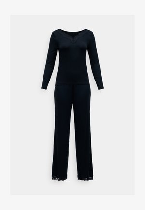 Černý dlouhý rukáv top s krajkovým výstřihem a odpovídajícími širokými kalhotami. Měkká látka s krajkovým lemem na spodní části kalhot.