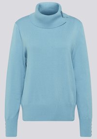Hellblauer Rollkragenpullover aus weichem Stoff. Verfügt über gerippte Bündchen mit Knopfdetails und eine lockere Passform.