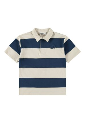 Polo a maniche corte in crema con righe blu navy, con colletto e logo ricamato 'UNITY' sul petto. Tessuto in cotone.