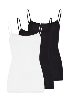 Tre dametoppe med tynde stropper, én hvid foran og to sorte bagved, arrangeret overlappende mod en hvid baggrund.