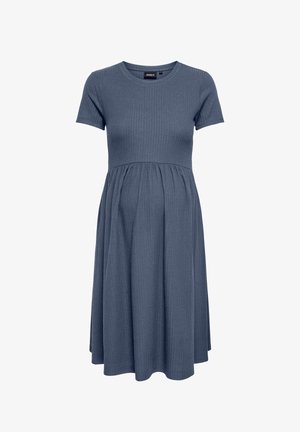 Lühikeste varrukatega, soonikkoes, sinine raseduskleit ümarate kaelusega ja kogutud seelikudetailiga rinna all.