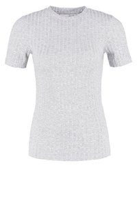 Szary prążkowany top z krótkim rękawem o okrągłym dekolcie, wykonany z teksturowanej tkaniny, dopasowany do sylwetki.