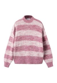 Maglione lavorato a maglia con strisce orizzontali rosa chiaro e scuro, collo tondo, vestibilità ampia e polsini e orlo a costine. Mischia di lana testurizzata.