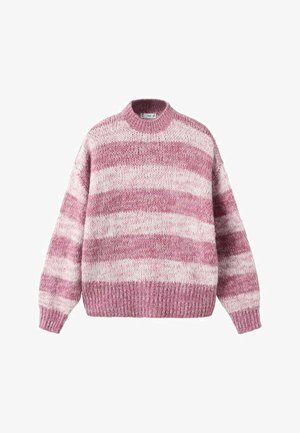 Gestrickter Pullover mit hellen und dunklen rosa Horizontalstreifen, rundem Ausschnitt, lockerem Schnitt sowie gerippten Bündchen und Saum. Texturierter Wollmischstoff.