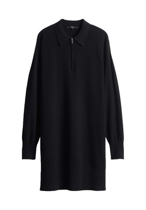 Schwarzer Pullover mit langen Ärmeln und Reißverschluss am Kragen. Hergestellt aus einem glatten, weichen Stoff, mit lockerer Passform und gerippten Bündchen.