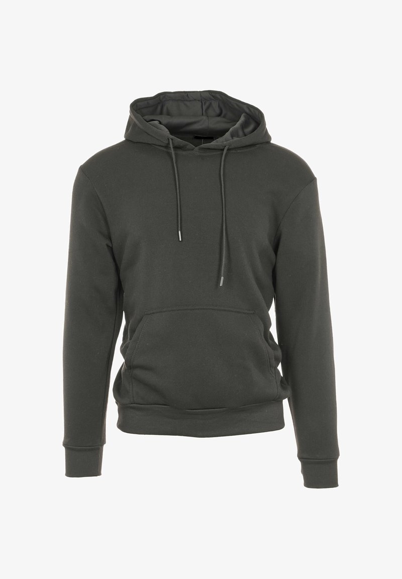 Felpa con cappuccio grigio scuro realizzata in tessuto misto cotone, dotata di tasca a marsupio sul davanti e dettaglio con cordino sul cappuccio.