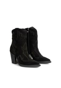 Botas de tobillo de ante negro con puntera afilada y tacones de bloque, con costuras decorativas y cierre de cremallera lateral.