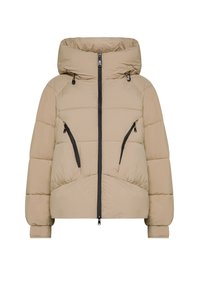Giacca invernale imbottita beige con grande cappuccio, zip frontale nera, tasche con zip inclinate e polsini regolabili in Velcro.