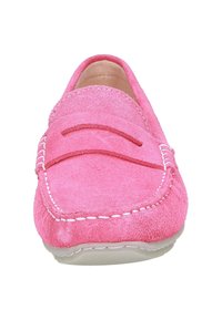 Rosa Wildleder-Lederslipper mit dekorativer Naht, runder Zehenform und gepolstertem Fußbett, ausgestattet mit einer weichen Textur und flexibler Sohle.