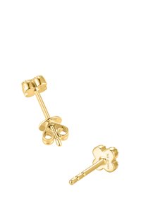 Gold-tone stud earrings featuring a clover design with textured edges and a smooth finish. Includes a post and butterfly back for secure wear.