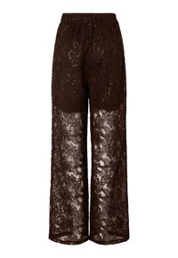 Brown lace wide-leg pants with an elastic waistband, featuring floral patterns, sheer texture, and scattered sequins for added detail.
