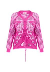 Rosa gestrickte Strickjacke mit einem lockeren, offenen Maschenbild, V-Ausschnitt, langen Ärmeln und Kordelzugdetail an der Vorderseite für eine verstellbare Passform.
