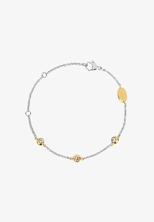 Zilveren kettingarmband met drie gouden settings, elk met een heldere edelsteen, en een gouden ovale tag nabij de sluiting gegraveerd met "BREIL."