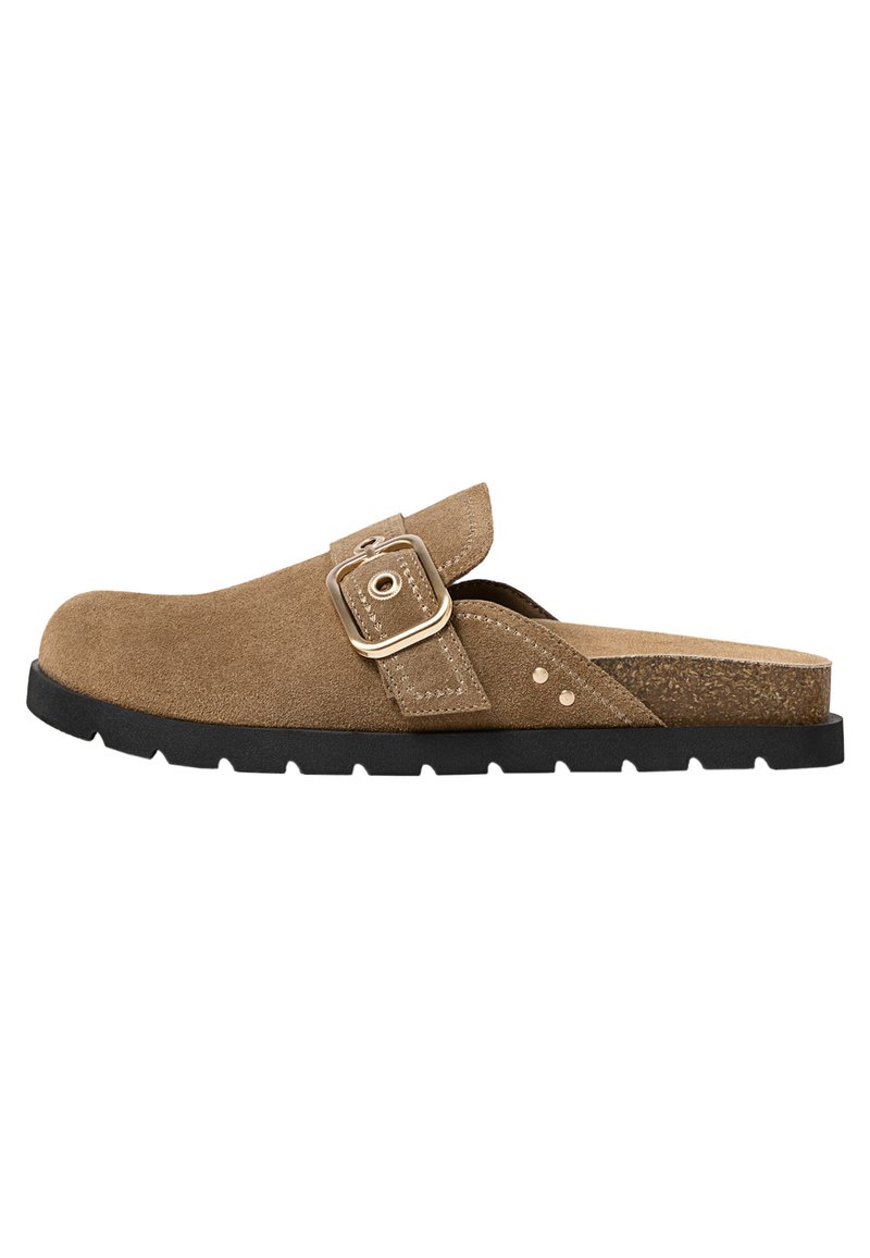 Brown suede slide sandal with a rounded toe, adjustable buckle strap, and textured insole. Features a black rubber sole with ridges.