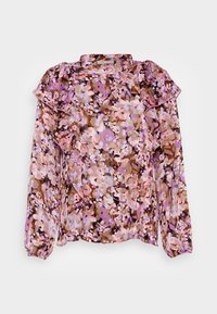 Blusa floreale con maniche lunghe, scollo arricciato, in tonalità di rosa, viola e marrone. Realizzata in tessuto leggero e testurizzato con un aspetto trasparente.