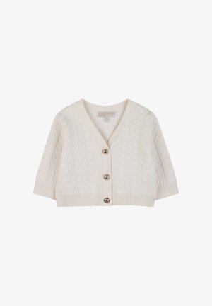 Cardigan court écru en tricot, avec col en V, trois boutons, poignets et ourlet côtelés, orné d'un motif torsadé structuré sur toute la surface.
