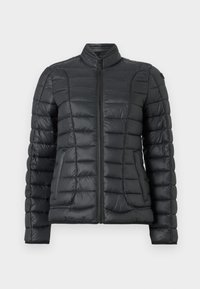 Giacca piumino nera con motivo a trapunta, colletto alto e zip frontale. Presenta tasche laterali e una texture liscia e lucida.