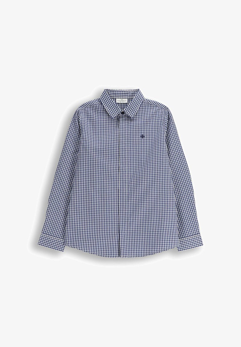 Niebiesko-biała koszula w kratę z długim rękawem i kołnierzykiem na guziki, z małym logo na piersi oraz zaokrąglonym dołem.