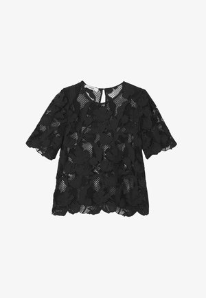 Haut en dentelle noire avec des motifs floraux, manches courtes, col rond et fermeture à clef dans le dos. Tissu léger et transparent.