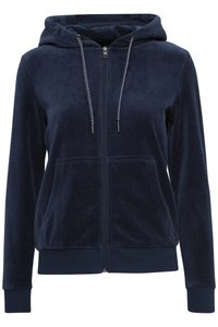 Tmavomodrá mikina na zips z mäkkej, textúrovanej látky má podšitú kapucňu, dve predné vrecká a nastaviteľné sťahovacie šnúrky s kovovými koncovkami.