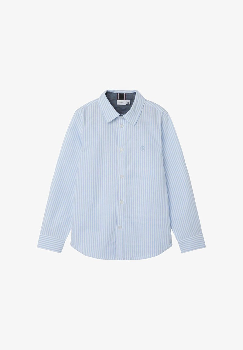 Chemise à manches longues à rayures bleu clair et blanc, avec boutons. Design à col avec un détail de logo subtil, fabriquée dans une texture de tissu lisse.