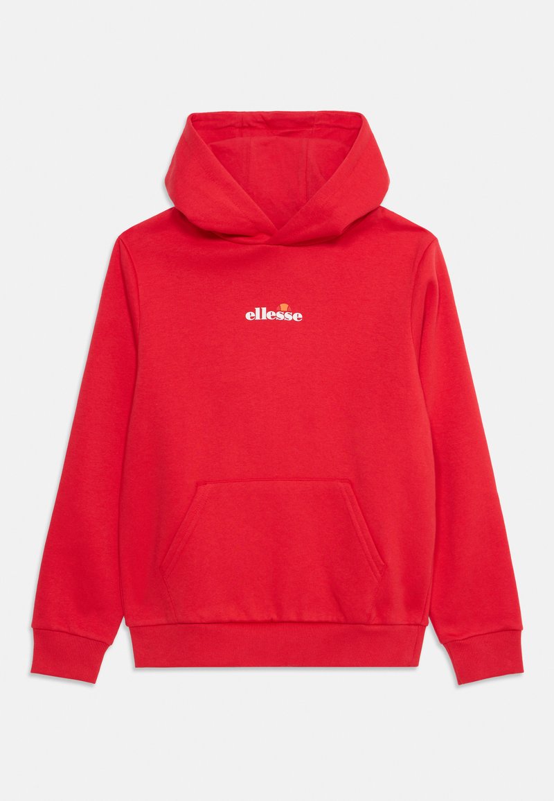 Červená mikina s kapucňou a predným vreckom, s bielym logom "ellesse" umiestneným na hrudi, nad textom je malé grafické zobrazenie v oranžovej a červenej farbe.