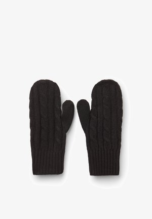 Paire de moufles noires en tricot avec motif torsadé et poignets côtelés, posées à plat avec les pouces tournés vers l'intérieur.