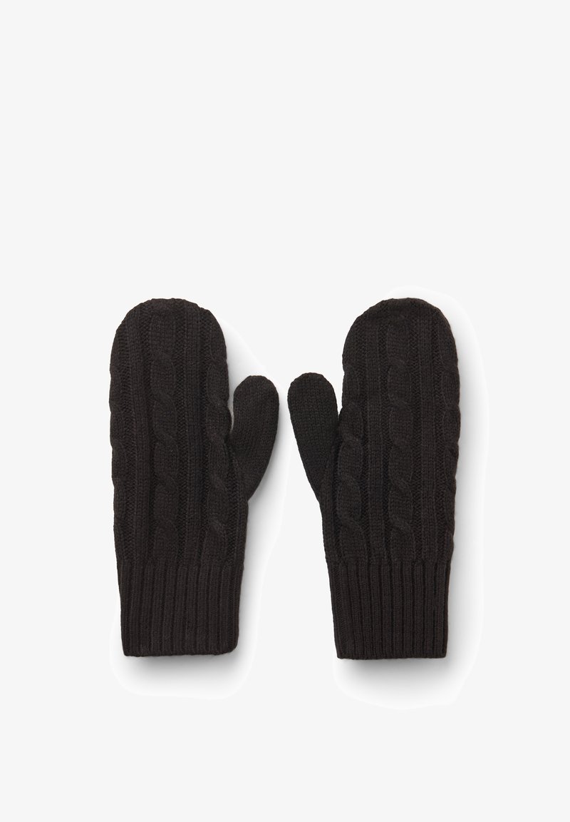 Coppia di muffole nere lavorate a maglia con motivo a treccia e polsini a coste, distese con i pollici rivolti verso l'interno.