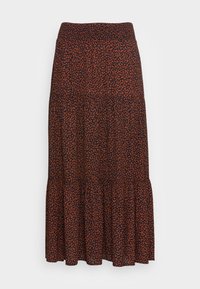Jupe maxi avec imprimé léopard abstrait marron et noir, taille élastique et bordure à volants à plusieurs niveaux.