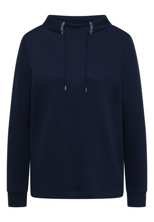 Pulóver de manga larga azul marino con cuello tipo embudo y cordones ajustables, con texto pequeño impreso.