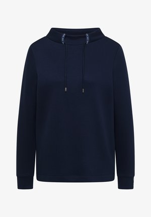 Pull-over bleu marine à manches longues avec col cheminée et cordons ajustables, présentant un petit texte imprimé.