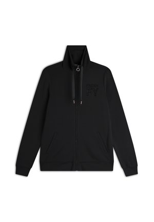 Felpa nera con zip e colletto alto, con un sottile logo "FY" in dettaglio testurizzato e tasche laterali. Materiale morbido e leggero.