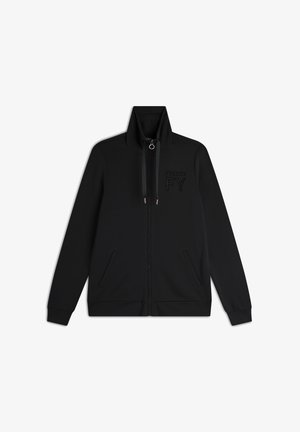 Felpa nera con zip e colletto alto, con un sottile logo "FY" in dettaglio testurizzato e tasche laterali. Materiale morbido e leggero.