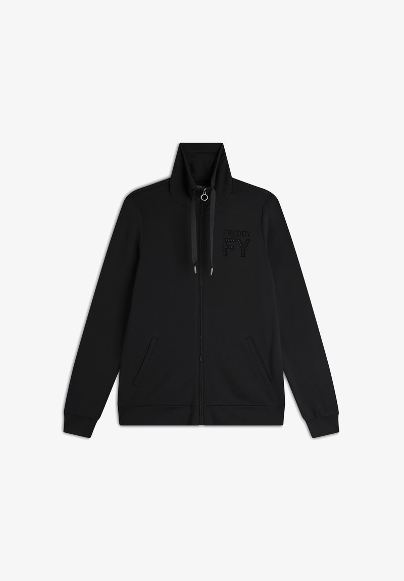 Sweat-shirt zippé noir avec col montant, présentant un logo "FY" subtil en détail texturé et des poches latérales. Matériau doux et léger.