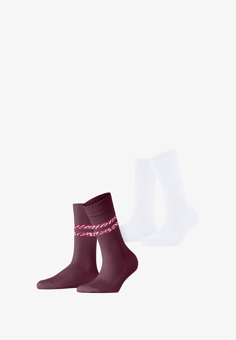 Two pairs of socks: one burgundy with a white patterned band, and a pair of knee-high white ribbed socks. Both are soft and elastic.