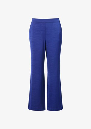 Pantaloni larghi blu realizzati in un tessuto leggero e liscio con una vita elastica. Presentano una leggera texture su tutta la superficie del materiale.