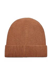 Gorro de punto acanalado marrón con puño doblado, que presenta una tela texturizada y un acabado suave, diseñado para brindar calor y comodidad.