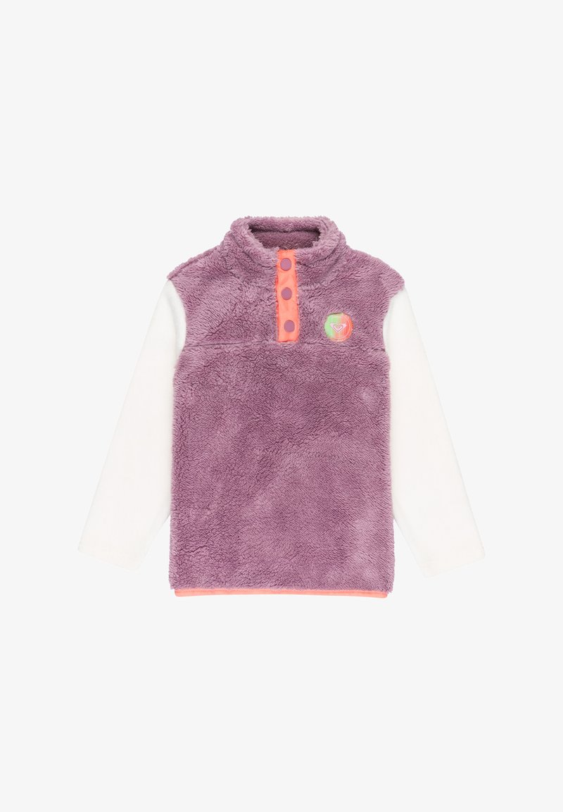 Pull-over violet duveteux avec des manches longues blanches, une patte à boutons-pression corail, et un logo circulaire multicolore sur la poitrine.