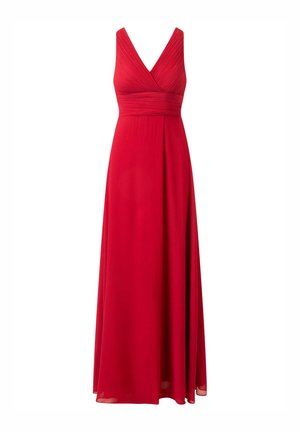 Robe rouge longue en tissu léger. Présente un décolleté en V, un corsage froncé et une jupe élégante avec une silhouette fluide.