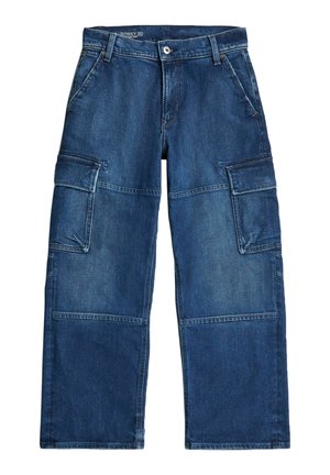 Blaue Jeans-Cargohosen mit mehreren Taschen, Knopfverschluss, Gürtelschlaufen und verstärkten Knie-Nähten.
