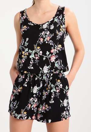 Zwarte jumpsuit met bloemenprint en een ronde halslijn, voorzien van kleurrijke bloemenpatronen en een elastische tailleband voor een comfortabele pasvorm.