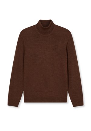 Brauner Rollkragenpullover aus weichem Stoff. Mit langen Ärmeln, einem eng anliegenden Kragen und einer strukturierten Oberfläche. Keine sichtbaren Muster oder Hardware.