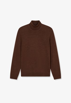 Brauner Rollkragenpullover aus weichem Stoff. Mit langen Ärmeln, einem eng anliegenden Kragen und einer strukturierten Oberfläche. Keine sichtbaren Muster oder Hardware.