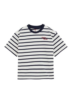T-shirt in cotone a maniche corte con righe orizzontali blu navy e bianche. Presenta un ricamo rosso "Camden Market" sul petto.