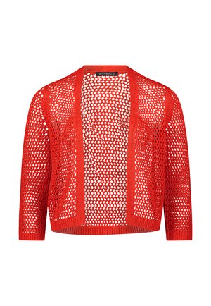 Rode, opengewerkte, korte cardigan met driekwart mouwen en een Betty Barclay-label aan de binnenkant van de kraag.