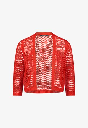 Rode, opengewerkte, korte cardigan met driekwart mouwen en een Betty Barclay-label aan de binnenkant van de kraag.