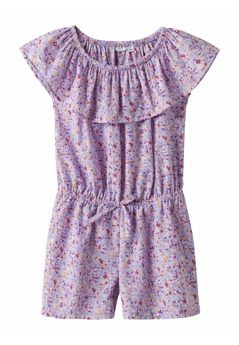 Jumpsuit floral violet avec des manches courtes à volants, taille élastique et détail noeud. Présente un motif dispersé dans des teintes de jaune et de rose.